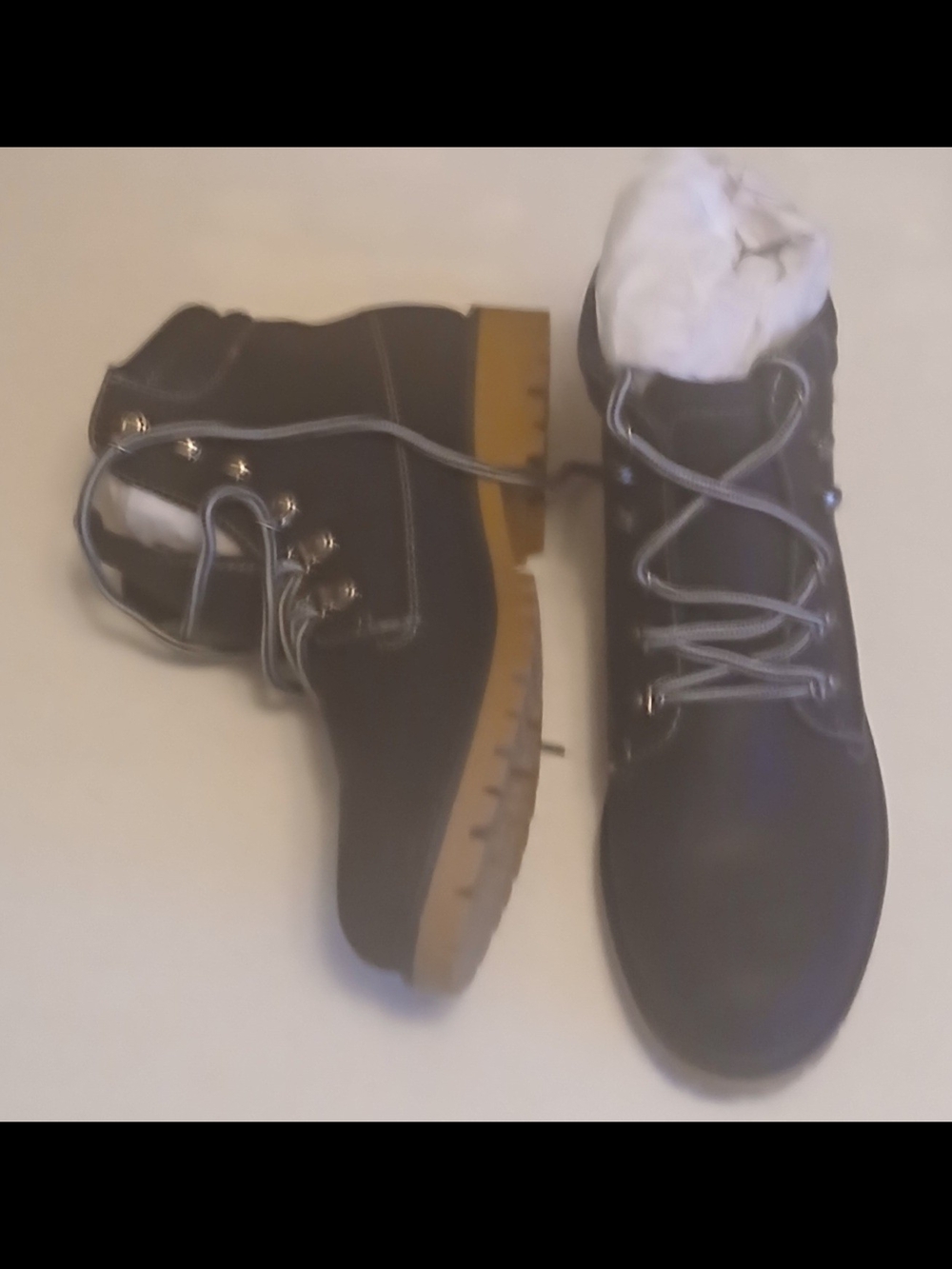 Soda Black Lace-Up Ankle Boots with Tan Lug Sole